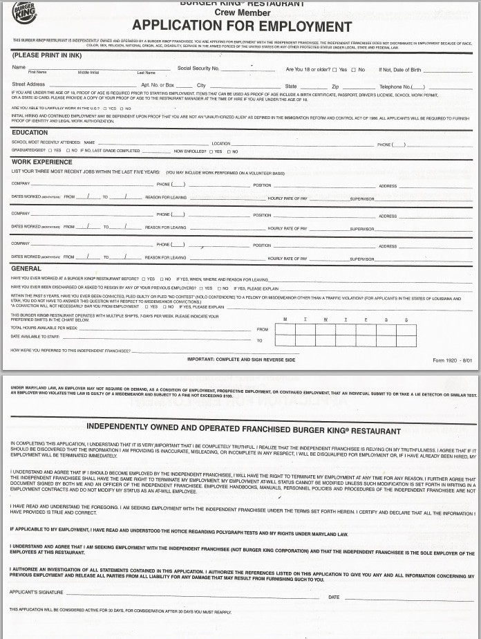 Printable Full Job Applications Burger King application form